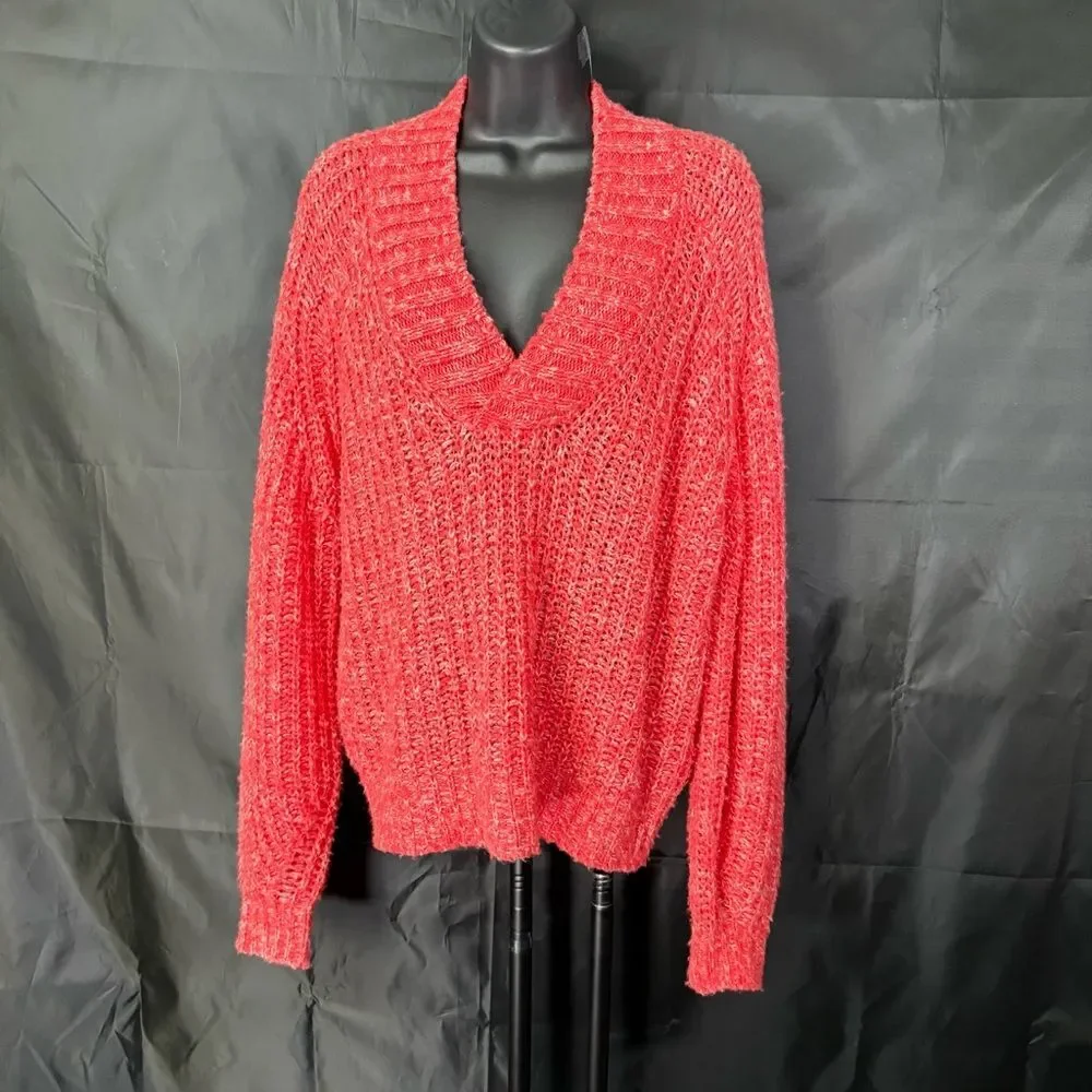 Anthropologie Vibrant Coral V-Neck Sweater S - Picture 7 of 13